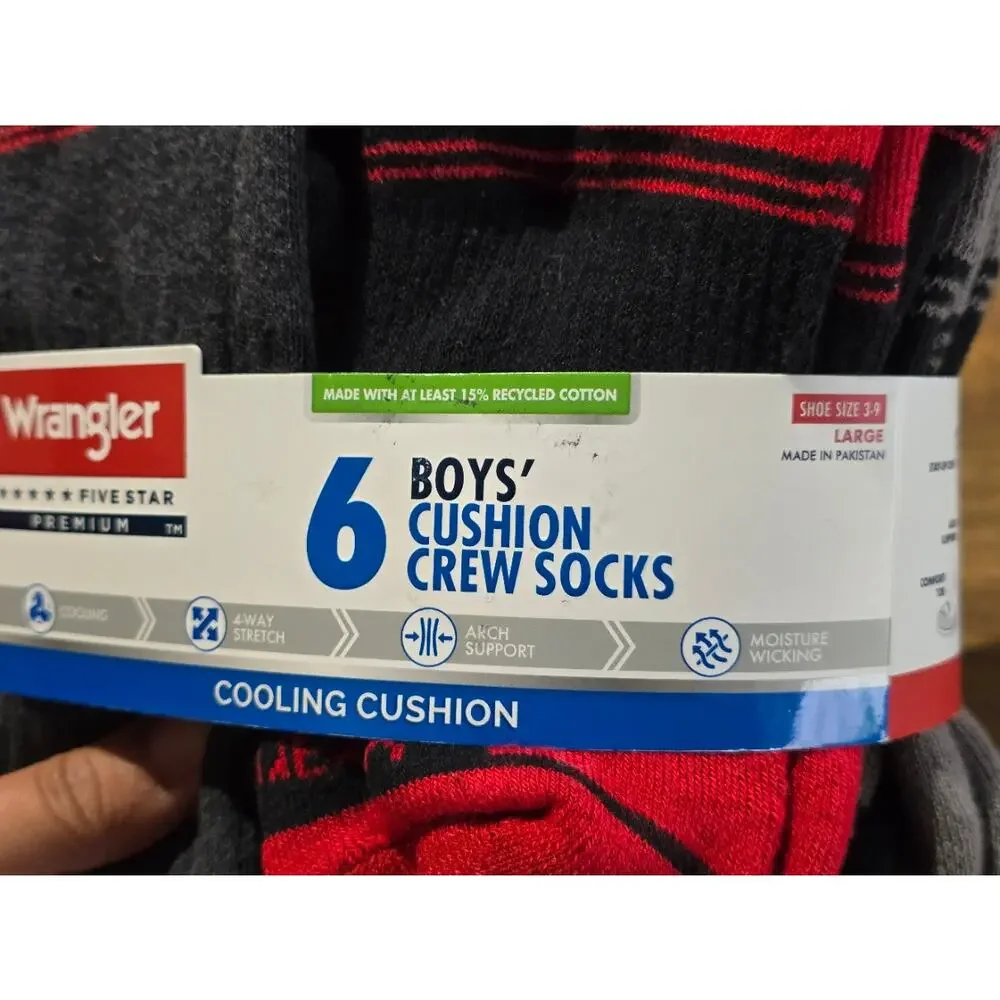Wrangler Boys 6 Pack Crew Socks Cooling Cushion Gray Red Black Size Boys 3-9 NWT